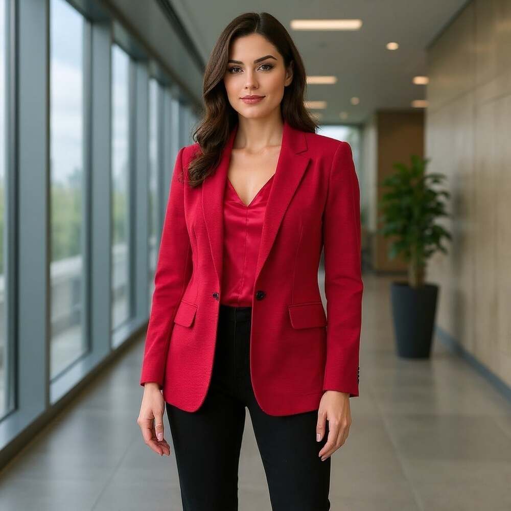 Zara Basic Red Open Front Blazer XS Ribbed 3/4 Sleeve Red Satin Lining